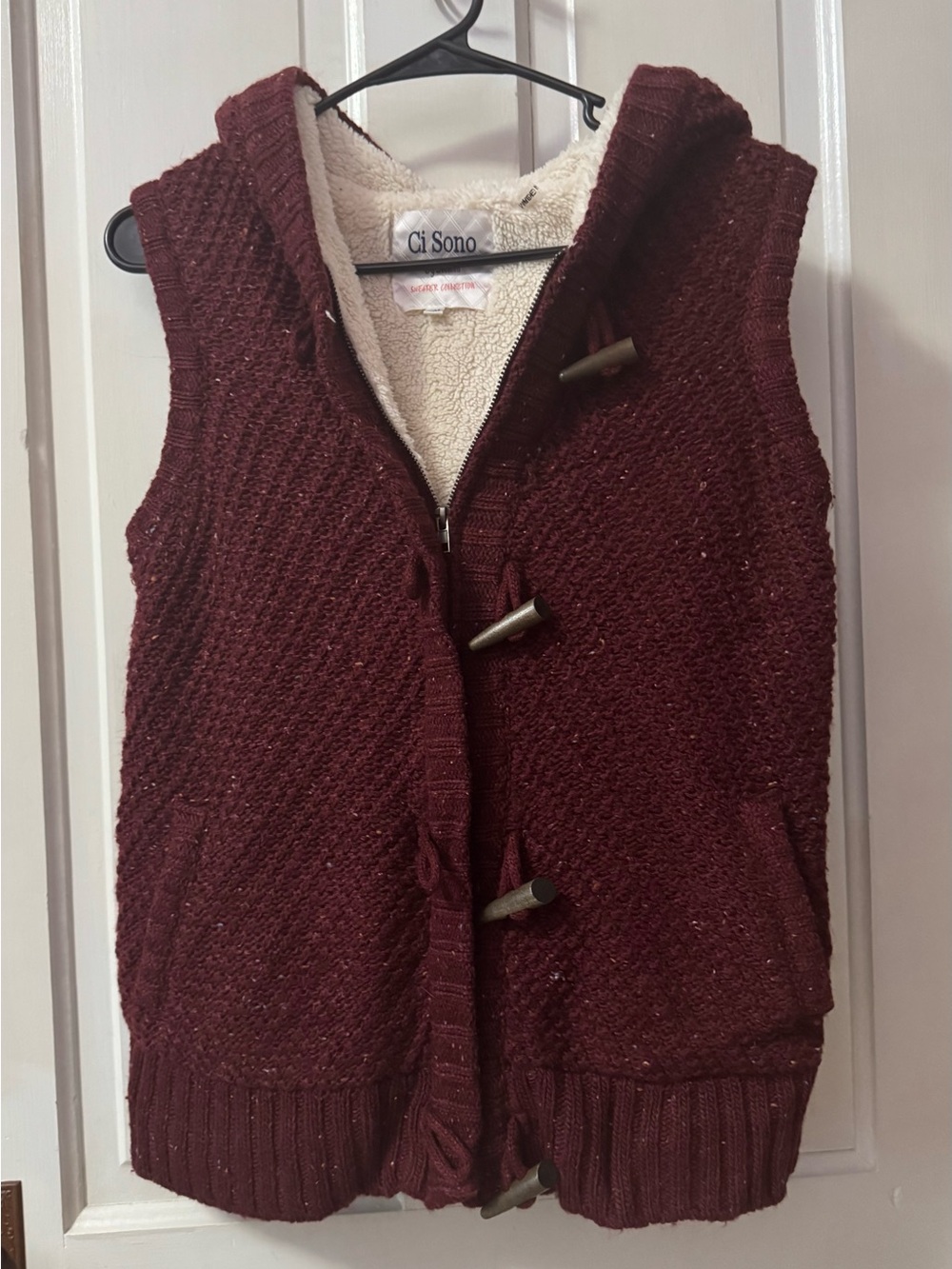 Ci Sono Maroon Hooded Knit Vest with Sherpa Lining and Toggle Fastenings